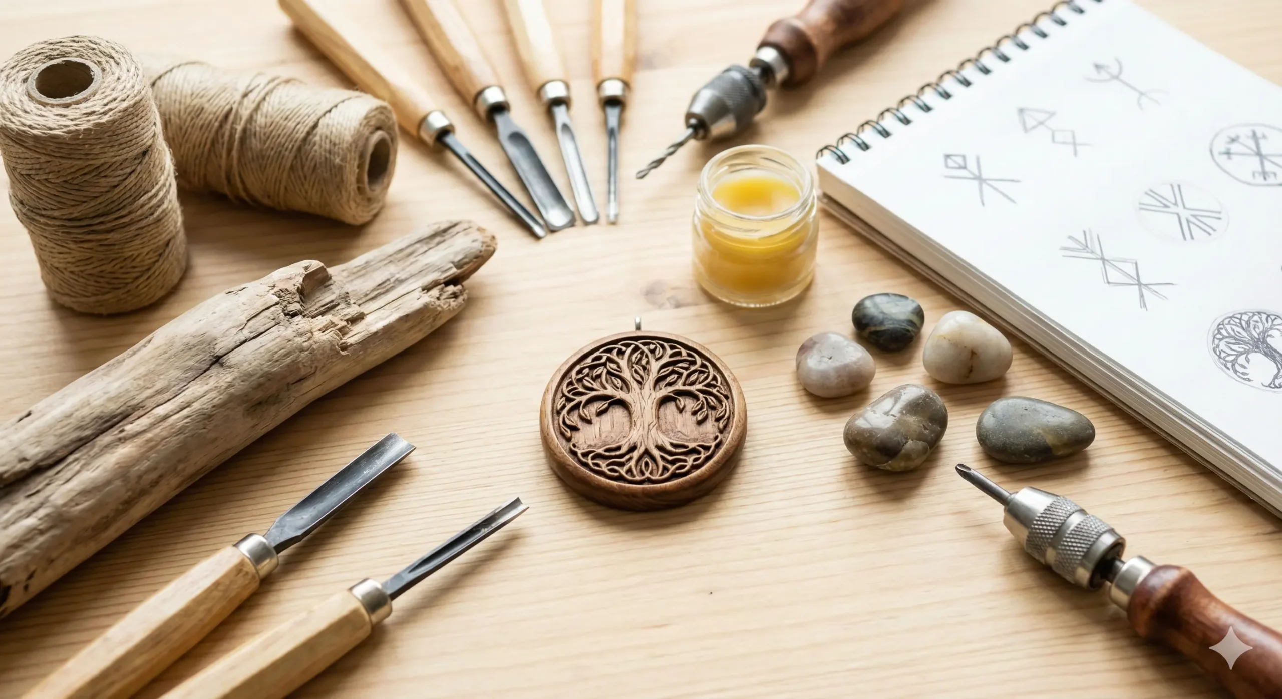 Banco da lavoro con strumenti per intaglio del legno Banco da lavoro con strumenti per intaglio del legno, medaglione scolpito con l'Albero della Vita e schizzi di geometria sacra, esempio di artigianato consapevole.