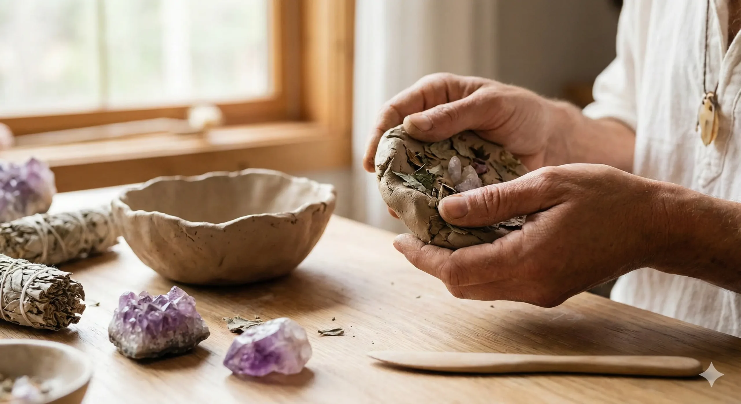 Mani di artigiano che modellano argilla Mani di artigiano che modellano argilla e cristalli naturali su un tavolo di legno con salvia bianca e ametista, rappresentazione del processo creativo olistico.